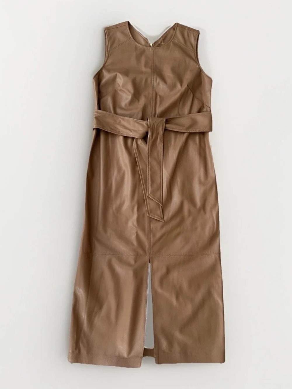 Calvin Klein Faux Leather Sleeveless Midi Dress in Camel